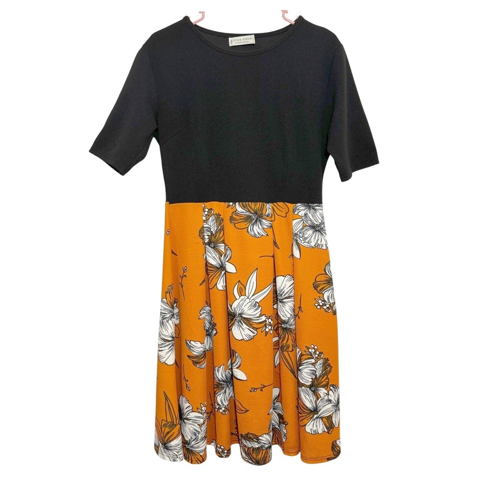 Jon & Anna Contemporary Floral Fit Flare Dress Orange Black‎ Short Sleeve Large